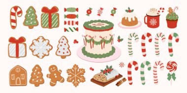 Geleneksel Noel tatlısı seti. Tatlı el çizimi zencefilli kurabiye, şeker kamışı, kek, kek, kek, Stollen. Kutlama kartı, poster, tatil dekorasyonu için vektör retro clipart koleksiyonu