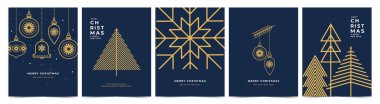 Mutlu Noeller ve mutlu yeni yıl lükslü tebrik kartları. Altın tatil çizgisi simgeleriyle modern geometrik tarzda. Pankart, poster ve davetiye için son moda Xmas tasarım şablonu