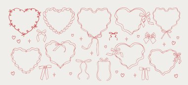 Karalama el, kalpli, dalgalı çizgili ve fiyonklu Coquette kurdeleleri çizdi. Sevgililer günü için modaya uygun antika sınırlar, düğün davetiyeleri, doğum günü kartı, baskılar, menü. Vektör illüstrasyonu