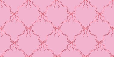 Kusursuz desenli, kırmızı çizgili el çizimi eşarplı kurdele çerçeveli ve pembe arka planda fiyonklar. Antika, tuhaf sınırlar. Kumaş, baskı, duvar kağıdı ya da ambalaj kağıdı için hazırlık arkaplanı.