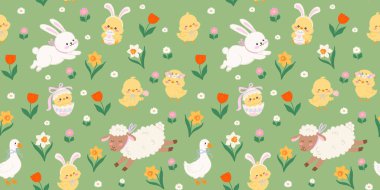 Sevimli tavşancıklarla kusursuz Paskalya desenleri. Kuzu yavruları ve bahar çiçeklerinin arasında kazlar. Yeşil arka planda çizilmiş karalama tarzıyla. Vektör tekstil ve şenlikli ambalaj kağıdı tasarımı