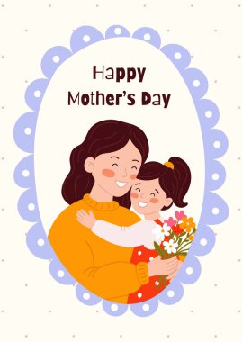 Anneler Günü Kutlama Kartı ve Kızına Kucaklayan Kız Posteri, Sosyal Medya Hikayeleri için El Çizimi Aile Resimleri, Hediye Dükkanı Pazarlama ve Baskı Tasarımı, Düz Vektör