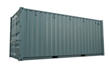 Beyaz arka planda kargo taşımak için metal deniz konteynırı.