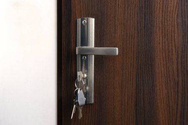 Ön kapı, anahtarlarla tut ve yakın plan kilitle. Emlak almak, eve giriş, açık renkli bir duvarın yanındaki ahşap kapı. Emlak için ipotek kredisi. Anahtarları kilitte unutuyorsun. Hırsızlık yüzünden bir daireye zorla girmek..