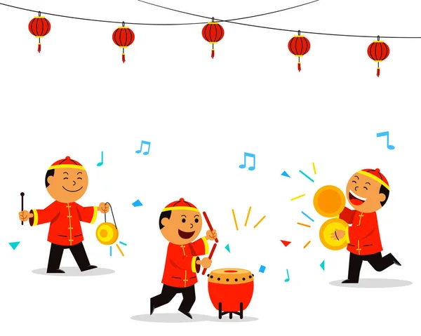 Tradycyjni Chińscy Muzycy Grający Instrumencie Tańca Smoka Performance Płaska Ilustracja — Wektor stockowy