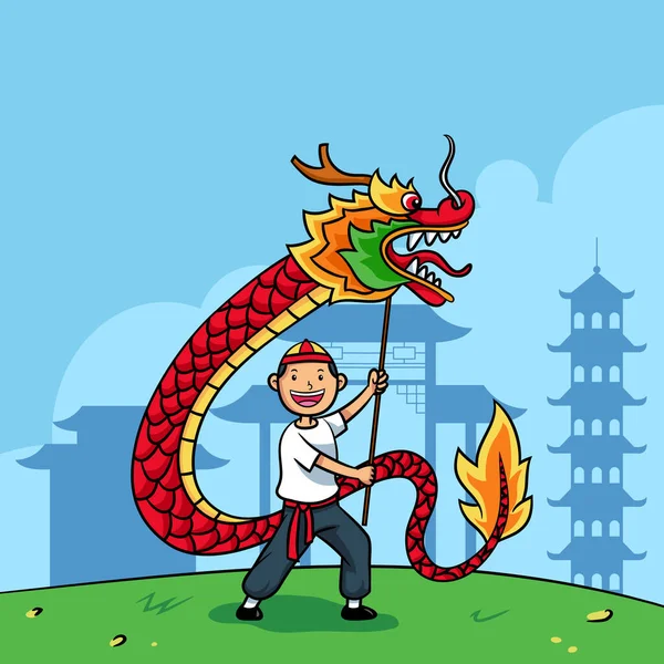 Traditionell Kinesisk Drake Dans Prestanda Illustration Lämplig För Kinesisk Nytt — Stock vektor