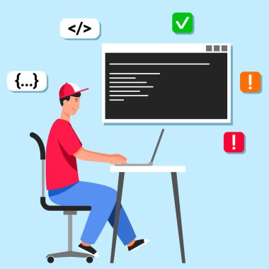 Masadaki bilgisayar programcılarının vektör illüstrasyonu.