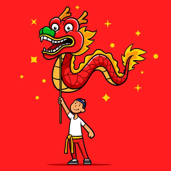 Chinese Draak Dans Prestaties Cartoon Illustratie Geschikt Voor Chinees Nieuwjaarsthema — Stockvector