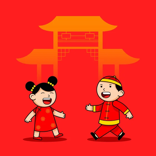 Cute Postać Kreskówek Chińskich Dzieci Przed Bramą — Wektor stockowy