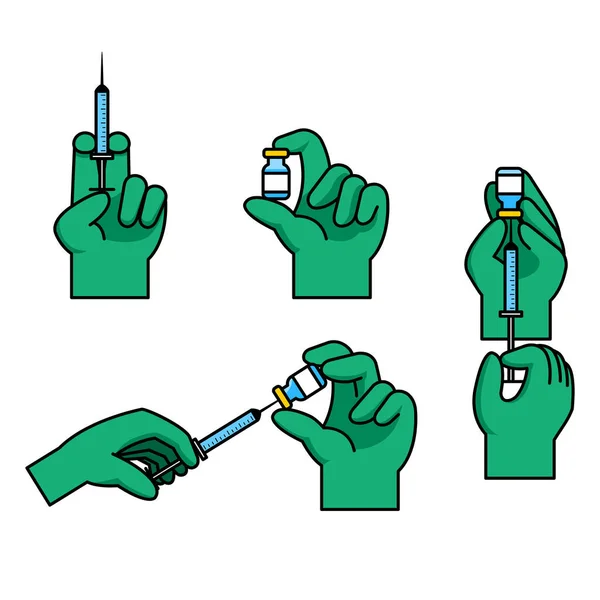 Doktor lastik eldiven karikatür jesti aşı enjeksiyonu çizimi.