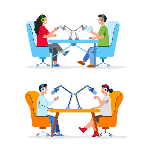 Two People Take Record Talking Show Podcast — Stock Vector