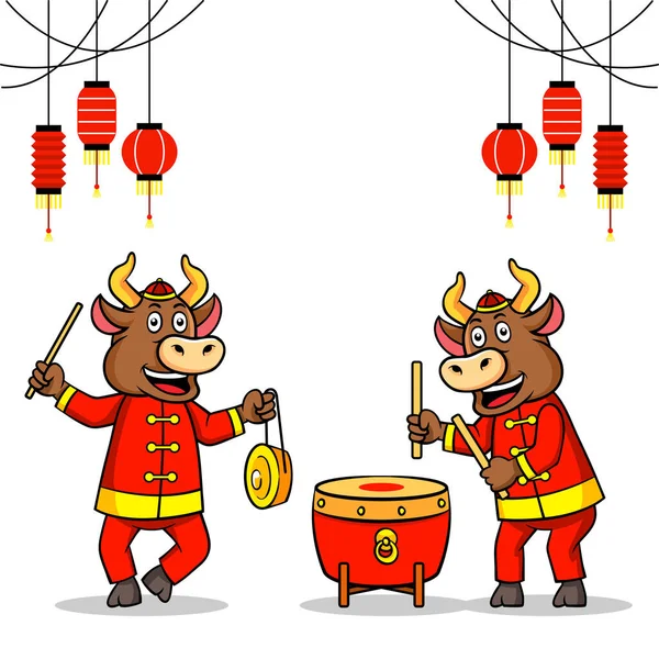 Два Быка Празднуют Китайский Новый Год Традиционной Музыкой — стоковый вектор