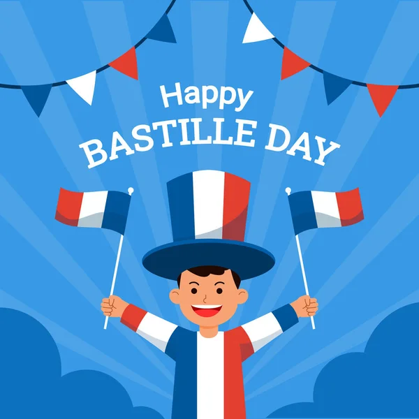 Happy Boy Celebrating Bastille Day Waving France Flag — Stock Vector