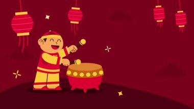 Çinli çocuk Çin 'in yeni yılını kutluyor. Selamlama metninizi sağ tarafa yerleştirin.