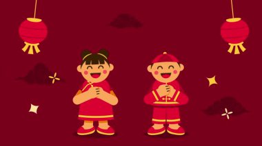 Bir çift genç erkek ve kız Çin 'e yeni yıl tebriği veriyorlar. Tebrik mesajınızı en üste yerleştirin.