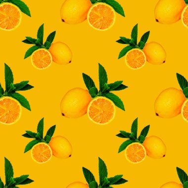 Limon ve nane yapraklı geniş kare desenli turuncu arka plan, tasarım ve reklam için.