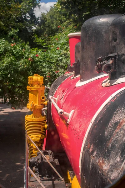 Parkta duran antik renkli lokomotifin düzeni