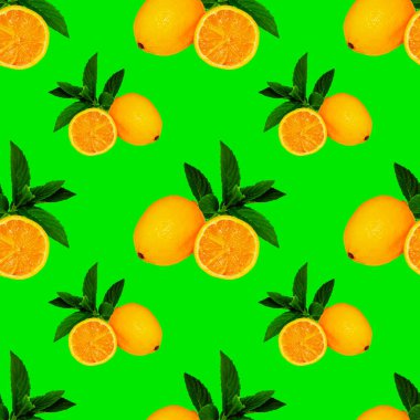 Yeşil zemin üzerinde limon ve nane yaprakları olan geniş kare desenli tasarım ve reklamlar için.