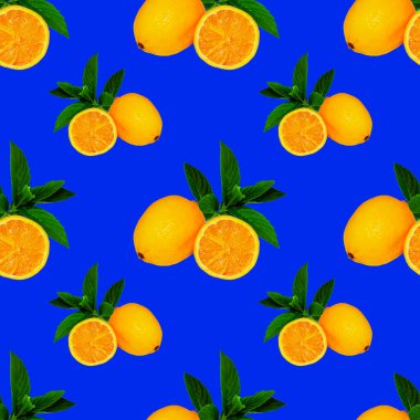 Büyük, kare desenli limon ve nane yapraklı mavi arka planda, tasarım ve reklam için.