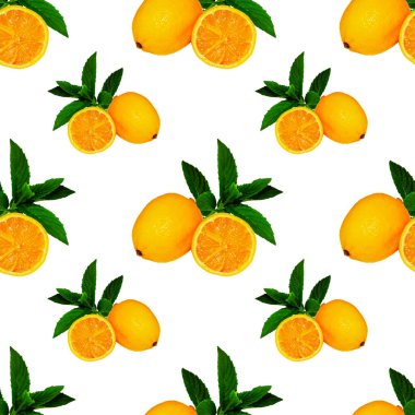Beyaz arka planda limon ve nane yapraklı geniş kare desenli, tasarım ve reklam amaçlı.