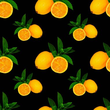 Büyük, kare desenli limon ve nane yapraklı siyah arkaplan, tasarım ve reklam için.