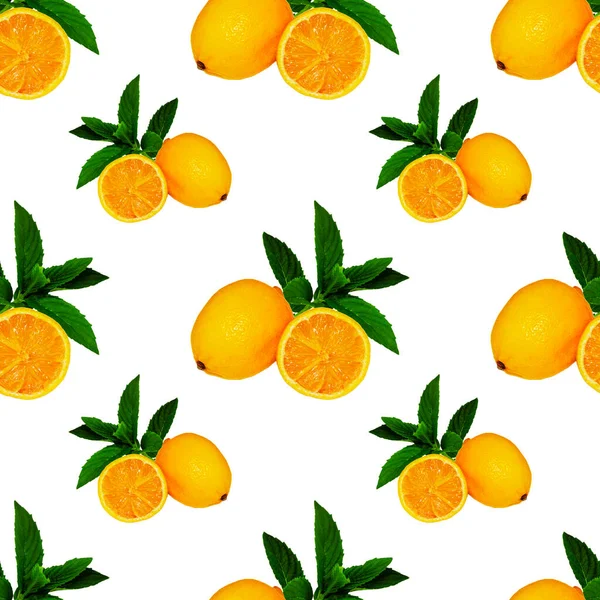 Beyaz arka planda limon ve nane yapraklı geniş kare desenli, tasarım ve reklam amaçlı.