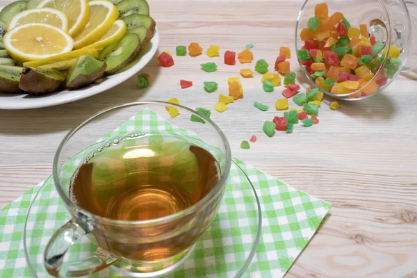 Tasse Thé Verre Fruits Confits Multicolores Une Assiette Avec Des — Photo