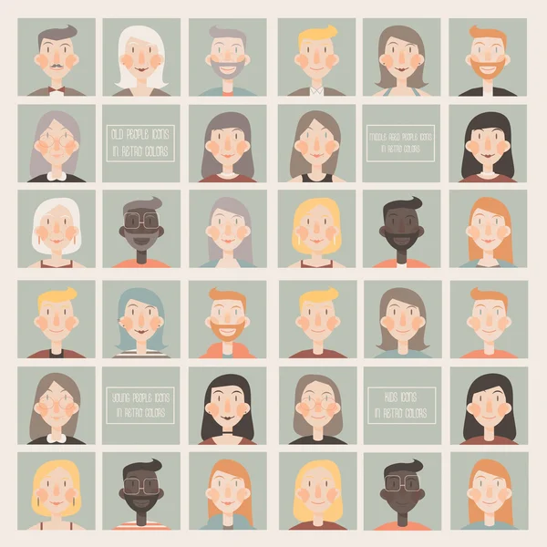 Collection of flat  icons with young people, middle aged people, old people and kids faces in retro color