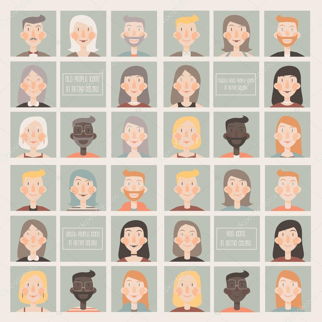 Collection of flat  icons with young people, middle aged people, old people and kids faces in retro color