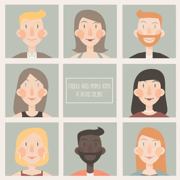 Set of flat icons with middle aged people faces in retro colors — Stok Vektör