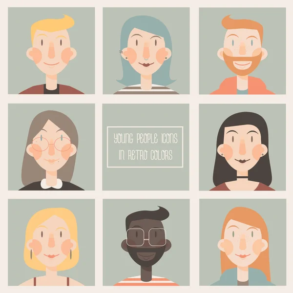Set of flat icons with young people faces in retro colors — Stockvector