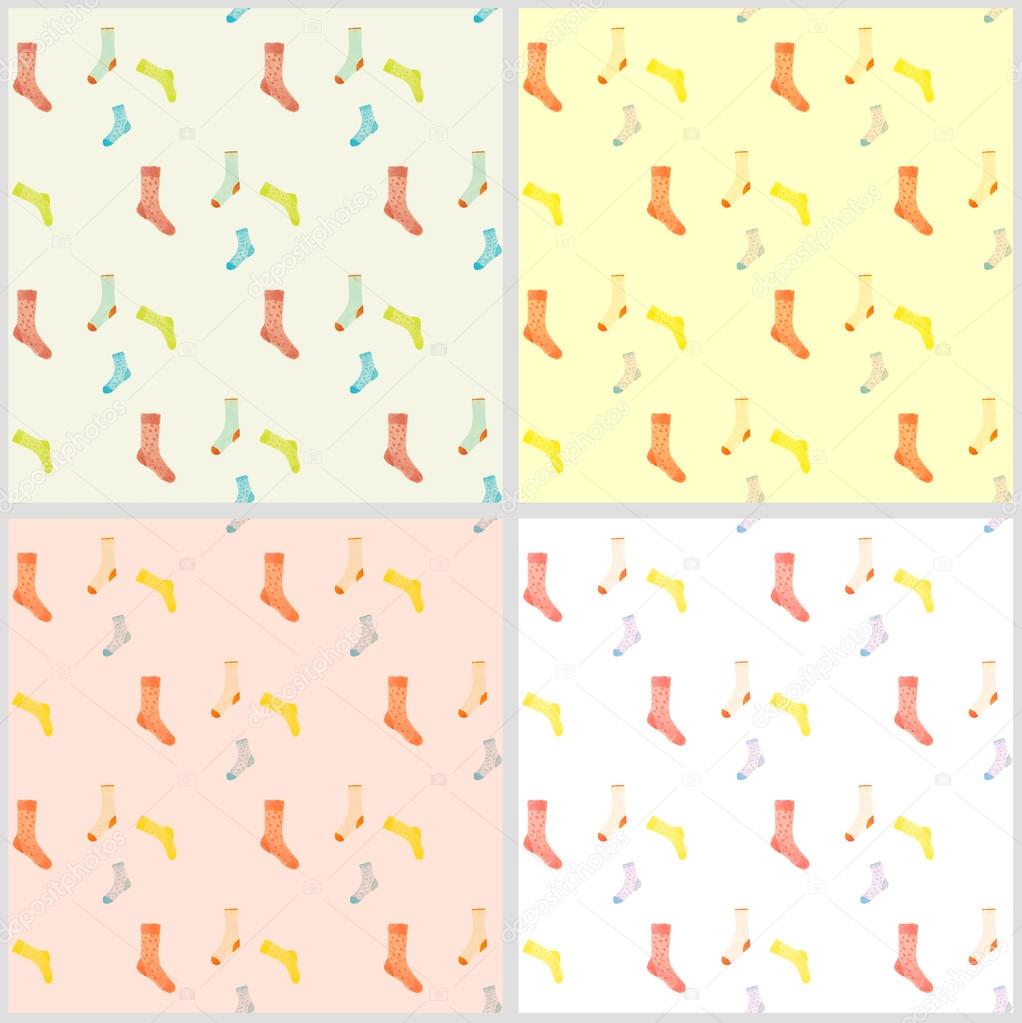 Hand drown watercolor socks pattern set. Cute childish seamless backgrounds set in pastel colors