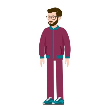 Spor giyimli gözlüklü bir adam. Animasyon için spor giyim sektöründe bir kişinin vektör görüntüsü. Tüm detaylar isimlerle birlikte ayrı katmanlarda. Düzenlenebilir vuruşlar