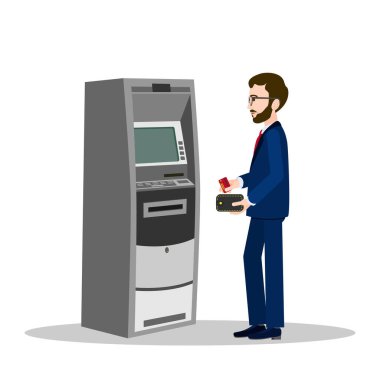 ATM 'nin yanındaki adam. Nakit ödeme ve para çekme terminali ve animasyon için yakınlarda bir kişi. Tüm detaylar isimlerle birlikte ayrı katmanlarda. Düzenlenebilir vuruşlar