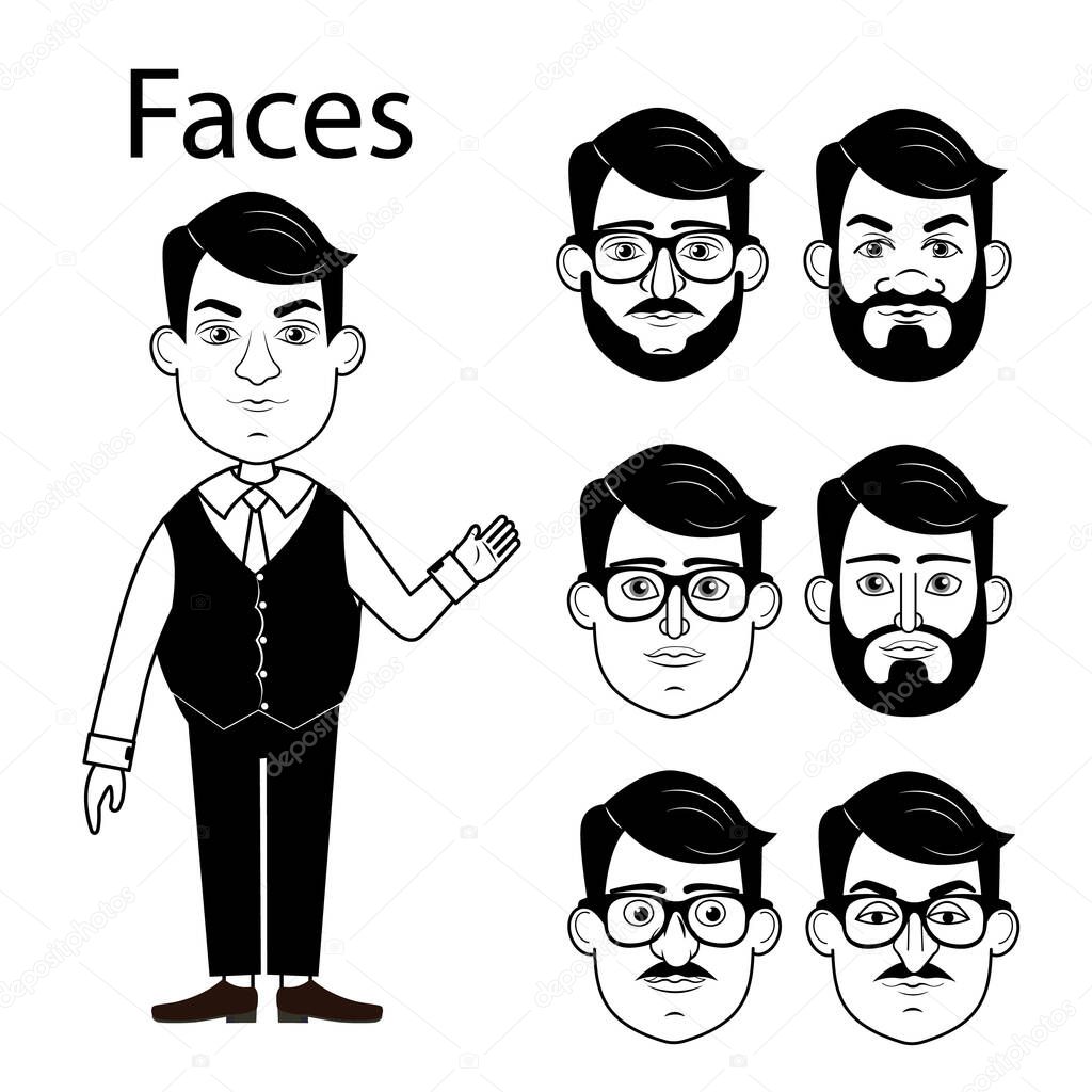 Faces for characters. A characters for a doodle video. Black and white vector image of a characters with different faces. Different men's faces for doodle videos. Coloring pages for kids