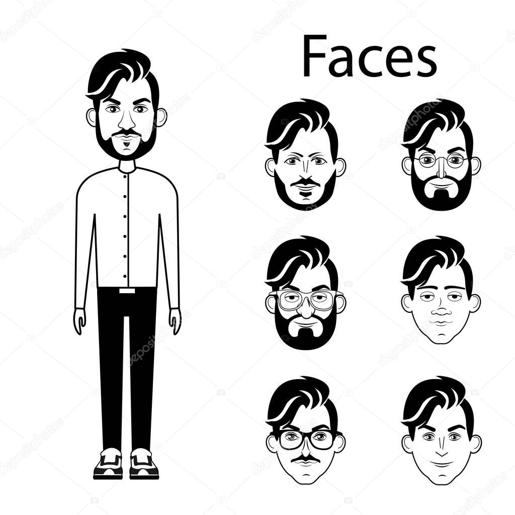 Faces for characters. A characters for a doodle video. Black and white vector image of a characters with different faces. Different men's faces for doodle videos. Coloring pages for kids