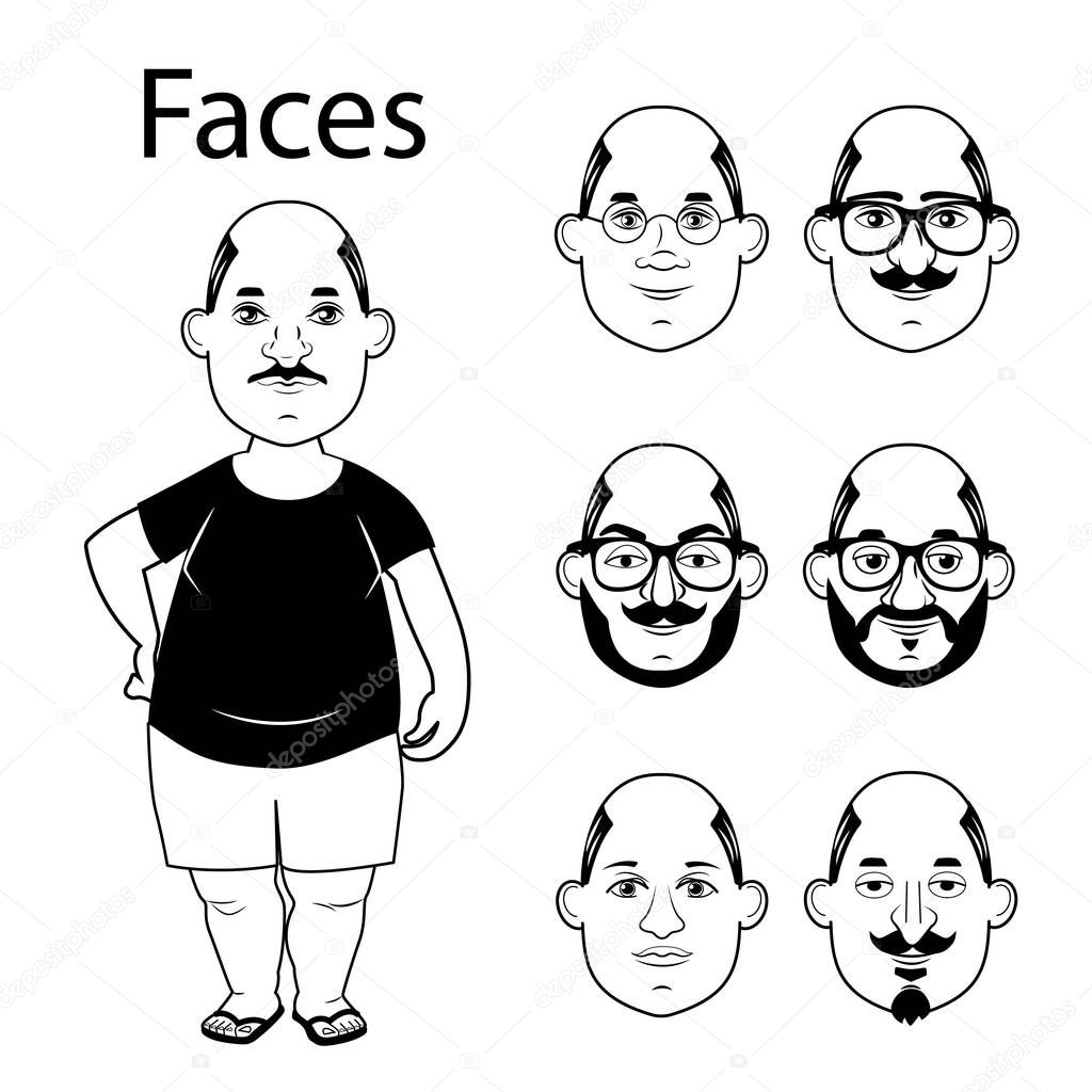 Fat and bald men for doodle videos. Cartoon characters with different faces