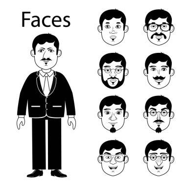Çizgi film karakteri için yüzler. Bir karalama videosu için bir karakter. Farklı yüzlere sahip karakterlerin siyah ve beyaz vektör görüntüsü. Karalama videoları için farklı erkeklerin yüzleri. Çocuklar için boyama sayfaları