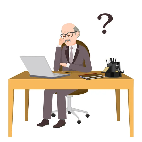 老人がノートパソコンで考えている その男は事務所で考えに迷った 質問の印だ 人はノートパソコンを持ったオフィスの机に座って考えます アニメーションのための人のベクトル画像 編集可能なストローク — ストックベクタ