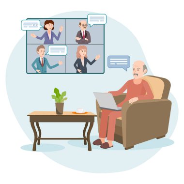 İnternet konferansı. Sanal iletişim. Vektör çizimi. İnternet üzerinden iletişim. İnsanlar bir grup sohbetinde uygulamayla uzaktan iletişim kuruyor. Düzenlenebilir vuruşlar. Tüm detaylar ayrı katmanlarda.