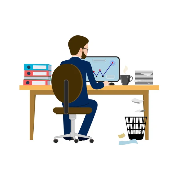 Office Worker Workplace Vector Illustration Man Suit Table Man Sitting — Stockvektor