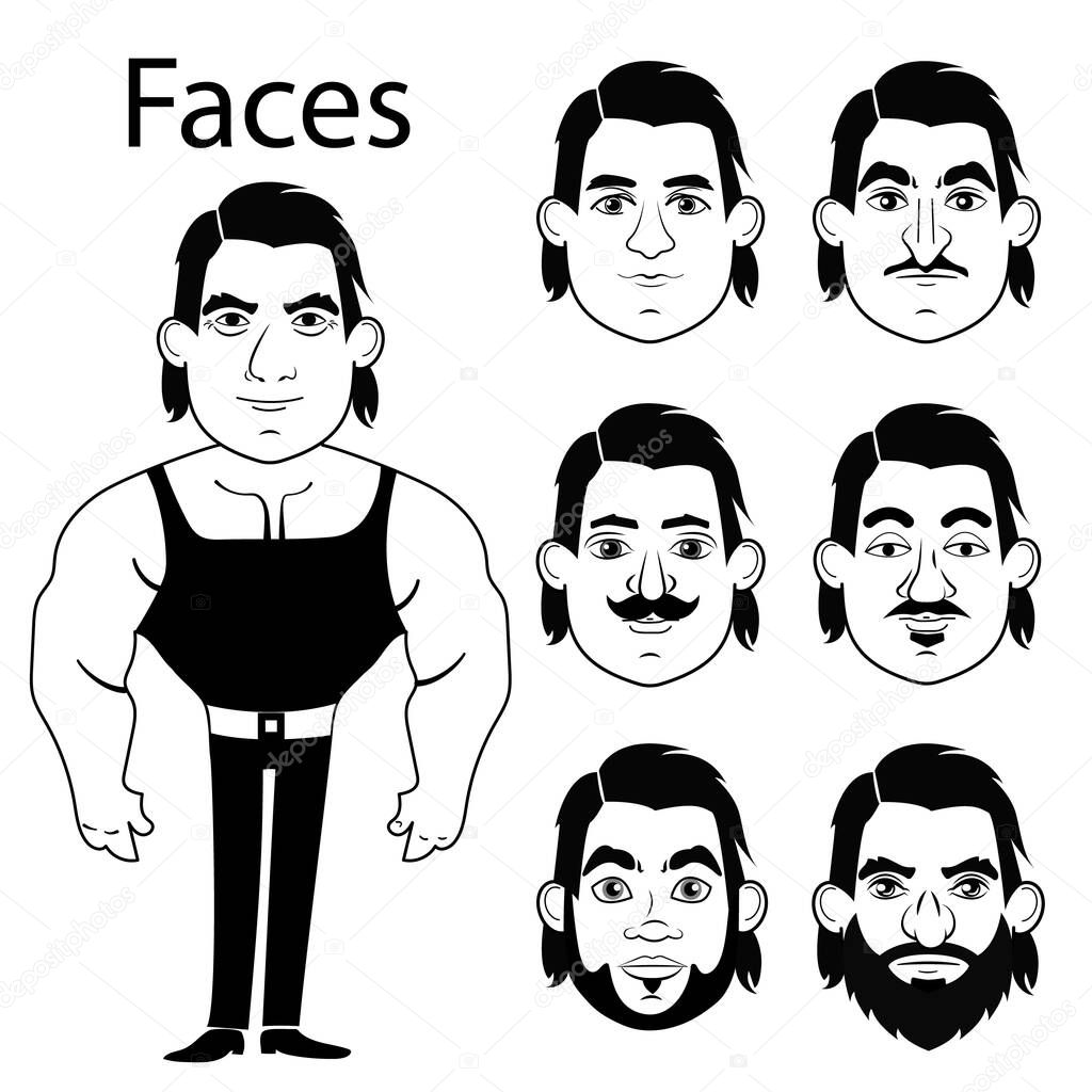 Black and white drawing of a muscular man for doodle video. Black and white vector image of a characters with different faces. Different men's faces for doodle videos. Coloring pages for kids.