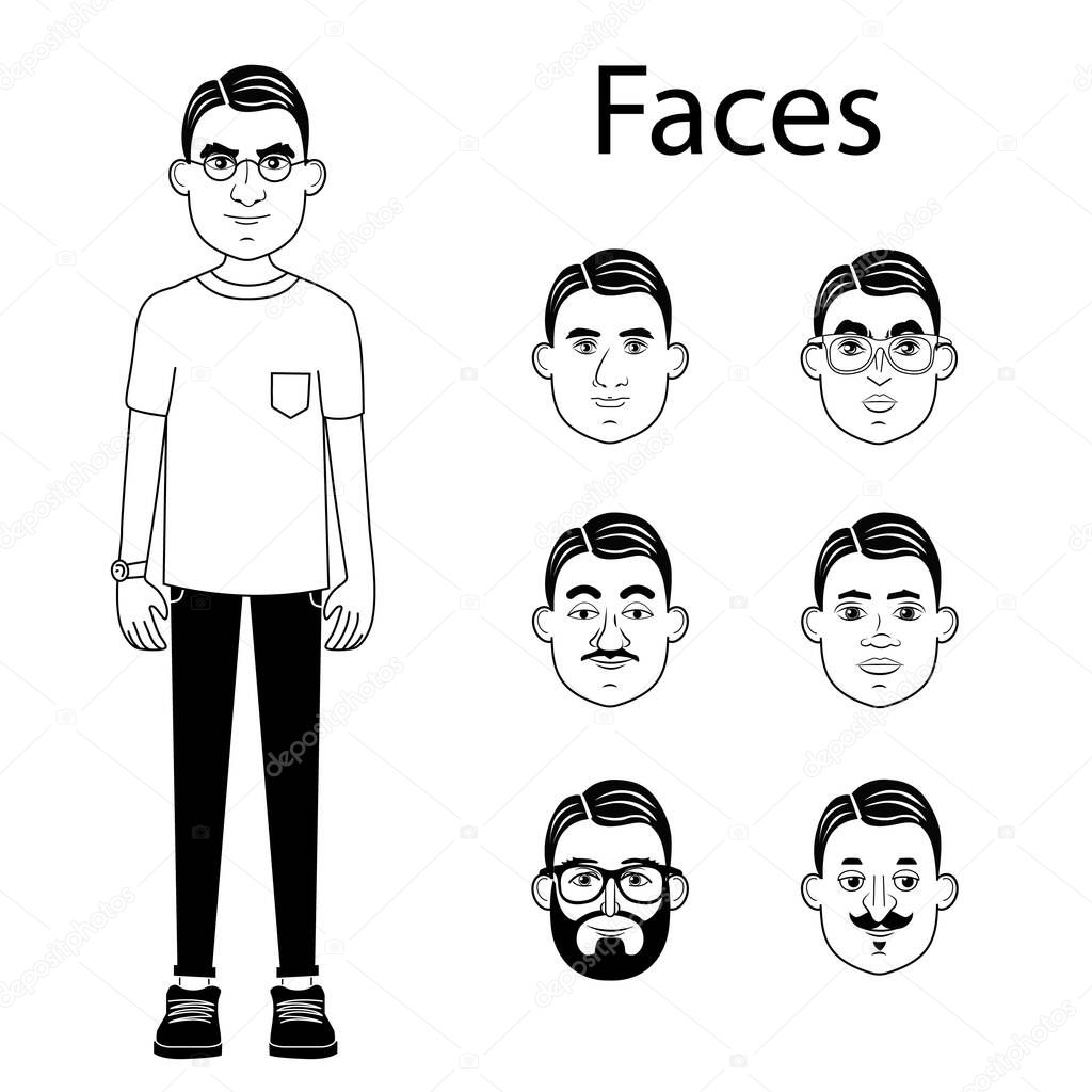A man in black and white lines for a doodle video. Black and white vector image of a characters with different faces. Different men's faces for doodle videos. Coloring pages for kids.