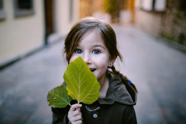 リンデンの葉を保持している女の子 — ストック写真