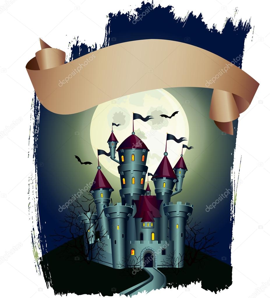 Placard with dark castle.