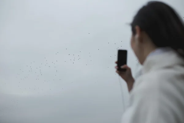 Kvinnan fotografering bird — Stockfoto