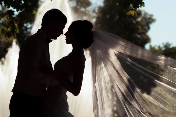 bride and groom at fountain