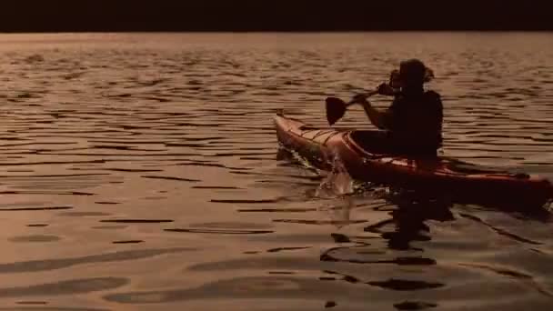 Mann paddelt Kanu im Fluss bei Sonnenaufgang — Stockvideo