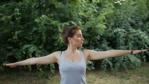 Menina desportiva está envolvida em ioga no parque — Vídeo de Stock