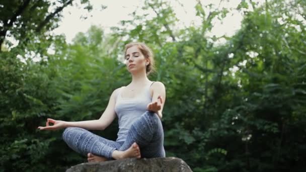 Frau meditiert im Park, sitzt auf einem großen Stein — Stockvideo